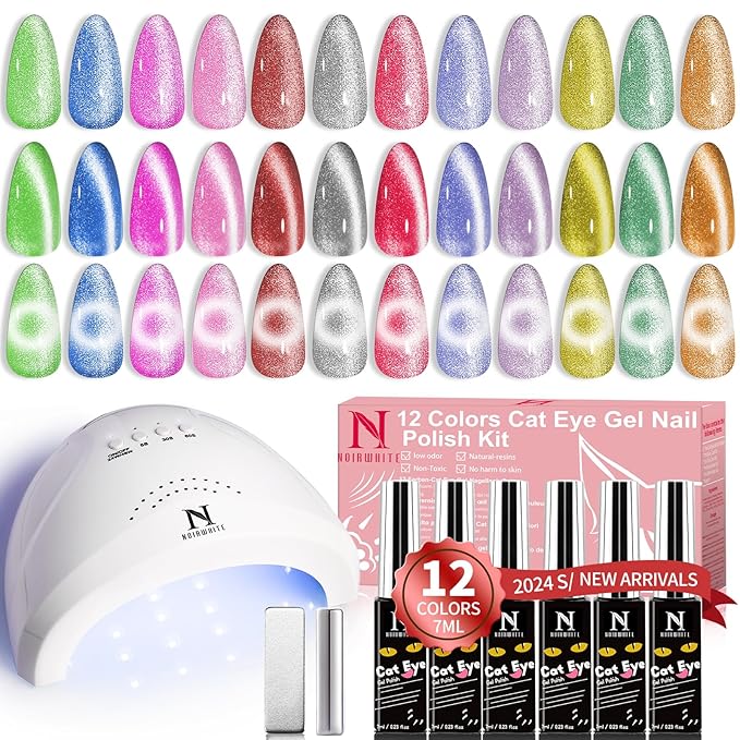 Cat Eye Gel Nail Polish Kit with UV Light，12 Colors Glitter Pink Red Purple Green Blue Gold Shimmer Colors Gel Nail Polish with Magnet Top Base Coat Nail Art Manicure Salon DIY Home Gifts