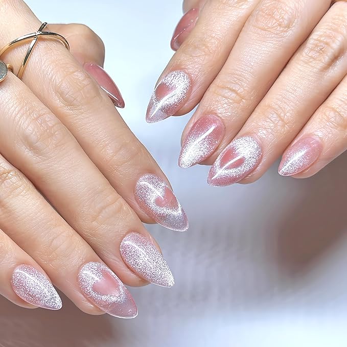 Press On Nails Short Almond Cat Eye Jelly Pink|The Heart will Sparkle as You Move.Reusable Soft Gel Nails in 15 Sizes -30 Nail Kit with Glue|Designed in L.A, Handmade in Vietnam| Whisper Heart