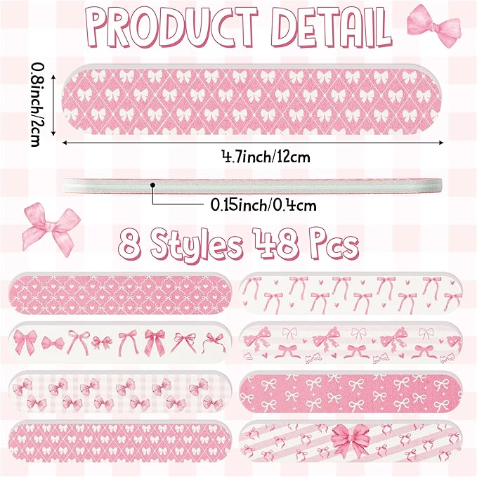 H1vojoxo Coquette Pink Bow Nail Files - 48pcs Coquette Pink Bow Double Sided Emery Boards for Girl’s Birthday Gifts Spa Party Emery Boards for Women Employee Coworkers Staff Wedding Party Nail Files