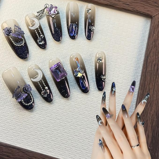 Almond Press On Nails Medium Fake Nails Handmade False Nails Flashing Crystal Butterfly Nail Charms With Designs,Acrylic Nail Kit Gel Nails,Reusable Stick on Nails for Women 10pcs S