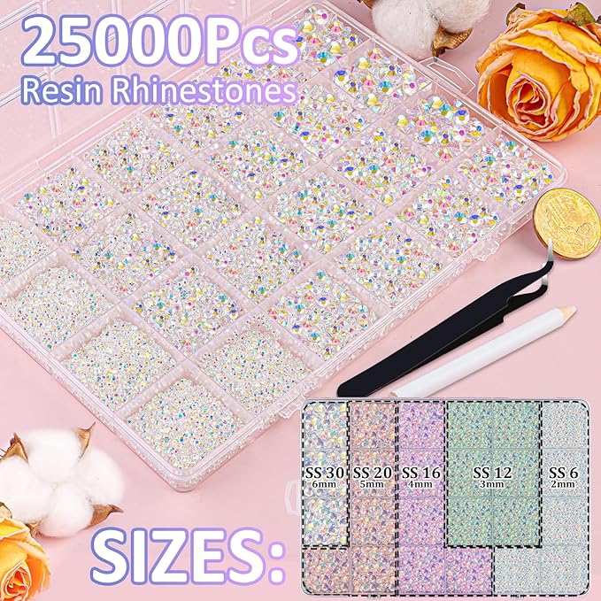 25000Pcs Resin Jelly Rhinestones for Crafting, Transparent AB 2-6mm Mixed Sizes Non Hotfix Flatback Gems, Bedazzling Crystal for DIY Crafts Clothing Tumblers Mugs Shoes Fabric Nail Art