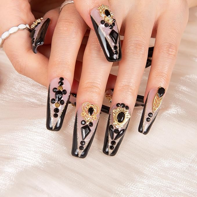 LOVFUL Press on Nails Obsidian Palace Black French Tip | Handmade with Full Covered Crystals | Reusable Full Cover Nails | Coffin Classic Regular 1.3 in | H165-L