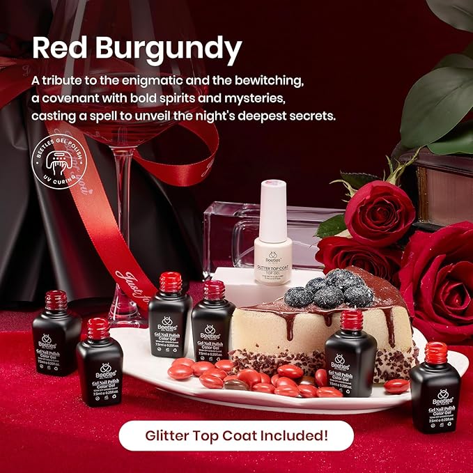 Beetles Red Gel Nail Polish Set with Top Coat, Gel Polish 6 Colors Popular Shimmer Red Burgundy Nail Art Design Soak Off Uv LED Minicure DIY Home Gifts for Women