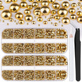 Belleboost Gold Nail Charms and Gems, 2 Boxes Half Round Flatback Pearl Nail Charms, Nail Pearls Rhinestones Kit Gold Beads for Nails with Pencil and Tweezer for DIY Nail Art, Face Makeup and Crafting