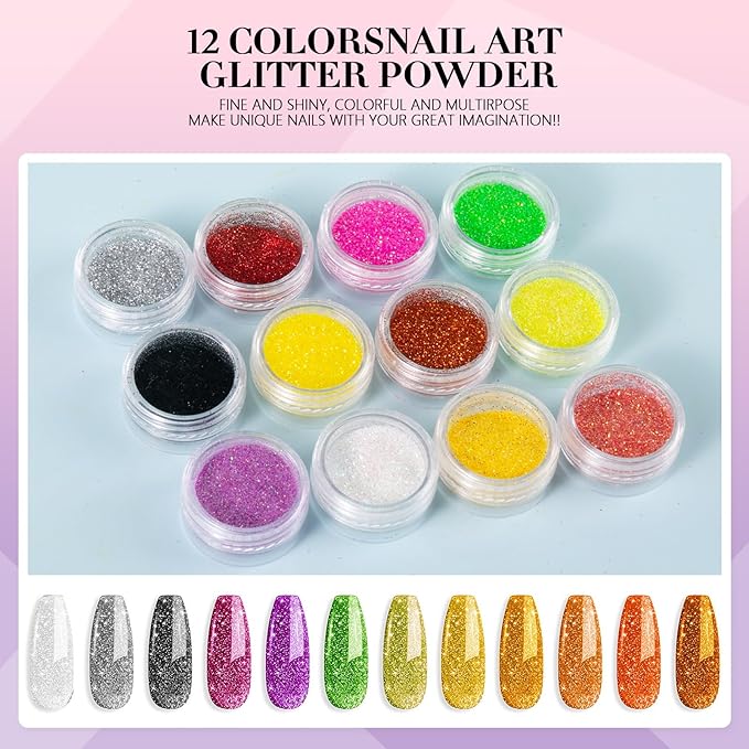 Acrylic Nail Kit for Beginners with Everything Professional, 12 Glitter Powder Nail Kit Acrylic Set, Nail Care Art Design Tip Brush Clipper File Supplie, DIY Tool