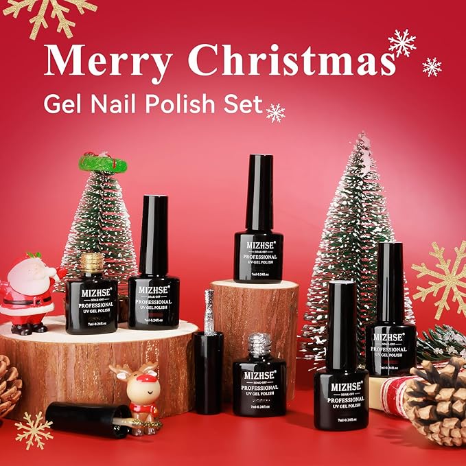 MIZHSE Gel Nail Polish 6 Colors, Classic Red Green Glitter Gold Silver Gel Polish, Long Lasting Soak Off Nail Art Manicure Home New Year Gift for Ladies