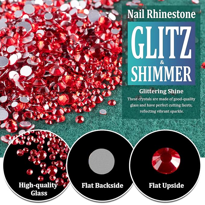 6 Sizes Red Glass Crystal Kit with Pickup Pen + Tweezer Tools for Shine Nail Art Manicure Makeup DIY Decoration Flatback Round Rhinestone Gem Jewelry Diamond
