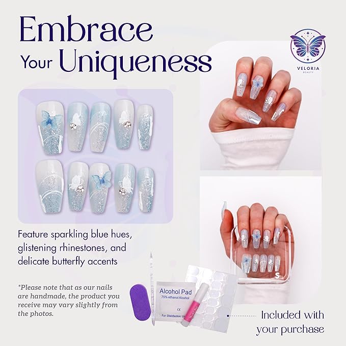 3D Handmade Press On Nails, Long Coffin Shaped w/Rhinestones & Blue Butterfly Charms, Acrylic, Gel, Reuseable Kit, For Women Daily Wear or Special Occasion (Azure Butterfly Elegance)