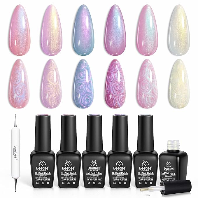 Beetles Pearl Gel Nail Polish Set – 6 Colors Swirl Pink Blue Purple White Nail Gel Collection, Swirl Shell Thread Effect Gel Polish Long Lasting Glossy Finish Soak Off UV LED for Nail Art
