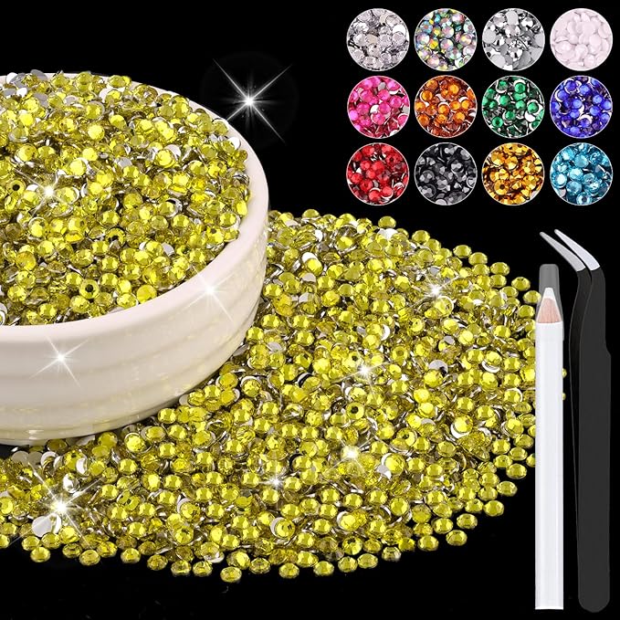 12000PCS 2mm Resin Rhinestones Bulk for Crafting (Lemon Yellow), Flatback Bedazzling Crystals for Crafts DIY Nail Decoration, Gems Charms for Tumbler Shoes Clothing Fabric with Pickup Pen And Tweezers