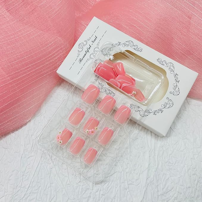 Square Press on Nails Short Fake Nails with Designs 3D Flower Stick on Nail Pink French Acrylic False Nail Glossy Artificial Nail Full Cover Glue on Nails for Women 24Pcs