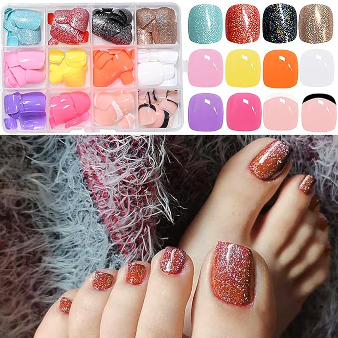 288Pcs Press on Toenails Short Square Toe Fake Nails with Glue Tabs,12 Color Gel Fake Toenails Press ons, Glitter French Glossy Glue on Toenail Acrylic Toes Nails False Presson Stick Toenail for Feet