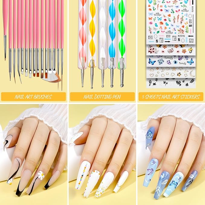 Teenitor Press On Nail Kit - Clear Coffin Nail Tips, Art Brushes, Dotting Pen, Glitter, Stickers & Rhinestones