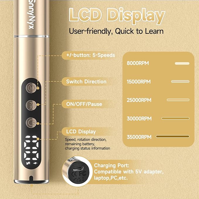 Cordless Electric Nail Drill 35000 RPM, Professional Nail File Kit with LCD Display, 12 Bits & 36 Sanding Bands, for Acrylic Gel Nails, Pet Claws, Salon & Home Use (Sand Dune)