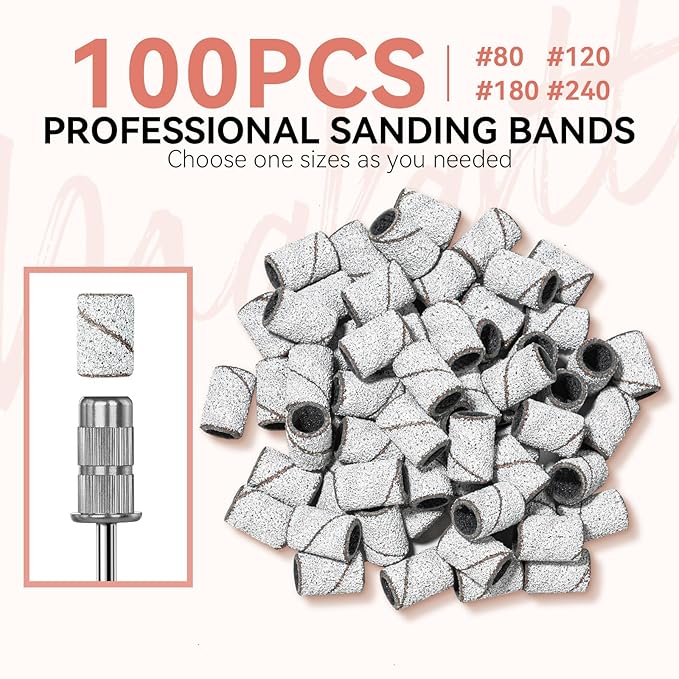 Makartt Sanding Bands for Nail Drill - 100 Pcs Nail File Sanding Bands for Drill Bits #80 Medium Grits for Acrylic Nails Gel Removing and Shaping, Upgrade Thicker Durable Sanding Drill Bit, White
