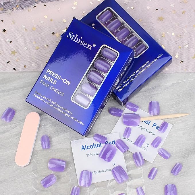 Purple Press On Nails Short - Lavender Color, Cat Eye Press On Nails Square Fake Nail with Color-Shifting Glow, Reusable Stick On Nails, 15 Sizes - 30Pcs, Glue On Nails for Women, Amethyst Drift