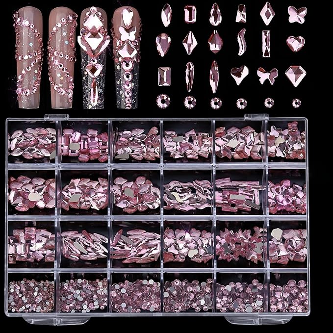 Light Pink Nail Rhinestones, 5380Pcs Flatback Glass Charms Gems Stones, 24 Grids 19 Types of Shaped Nail Art Rhinestones Kit with Tweezers, 6 Sizes for Decoration Face