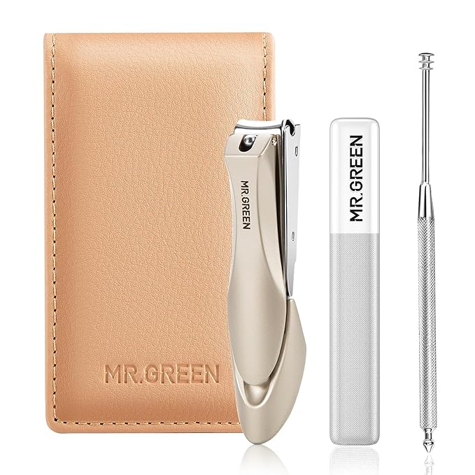 MR.GREEN Nail Clippers, 3PCS Nail Clipper Set with Anti Splash Fingernail Clipper,Ear Pick,Glass Nail File,Professional Nail Clippers for Men and Women, Stainless Steel Nail Cutter with Leather Case