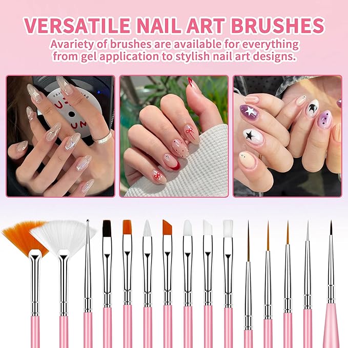 Nail Art Tools Set, 15 PCS Nail Art Brushes, Nail Stand for Press Ons, 5PCS Nail Dotting Tool and Brush Rack with Double Sided Tape Tweezers for Home Salon DIY Beginner Supplies