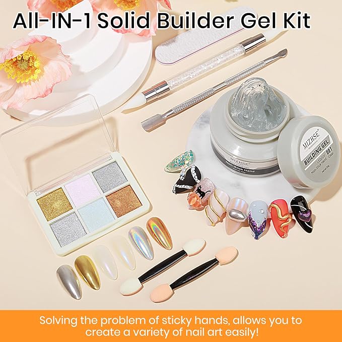 MIZHSE Solid Builder Gel - 1 oz Clear Non Stick Hand Hard Gel with 6 Colors Chrome Powder Nail Form Extension Kit for Nail Salon Home DIY