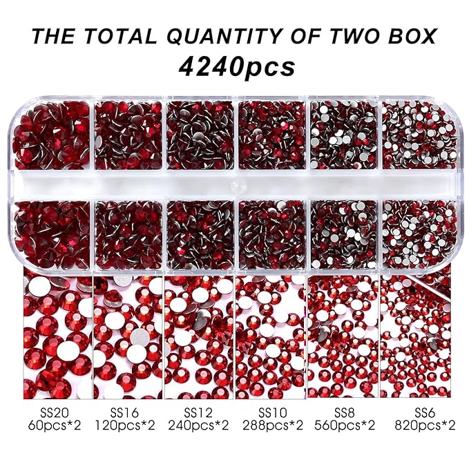 4240Pcs Dark Red Flatback Rhinestones 6 Sizes Crystal Diamonds for Nail Art Crafts Clothes Shoes with Tweezers and Picking Pen