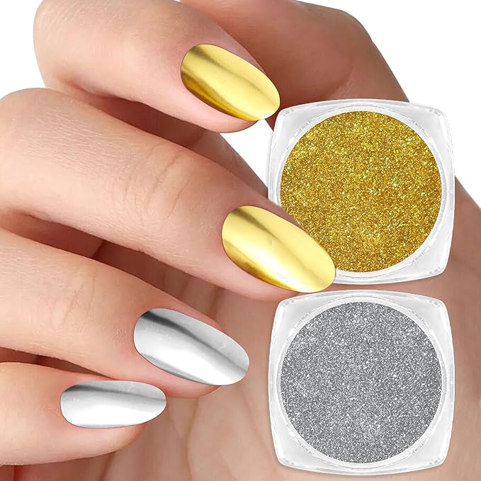 Allstarry Gold and Silver Chrome Nail Powder, 2 Colors Metallic Effect Mirror Gold Chrome Powder Pigment Shiny Holographic Manicure Pigment Siver Nail Fine Glitter Dust Kit for Nail Art