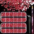 3440PCS 6 Sizes Red Glass Crystal Kit with Pickup Pen + Tweezer Tools for Iridescent Shine Nail Art Manicure Makeup DIY Deco Flatback Round Bead Rhinestone Gem Jewelry Diamond