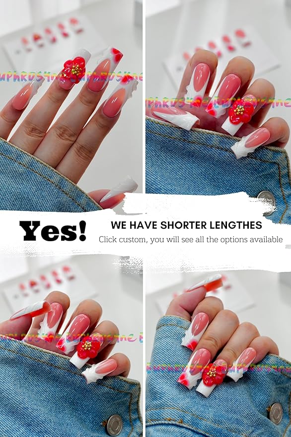 10PCS Red and White Press On Nails – Short Coffin Fake Nails with Swirl Design and 3D Flower Charms, Glossy Reusable Cute Nails for Women and Girls – Euphrosyne
