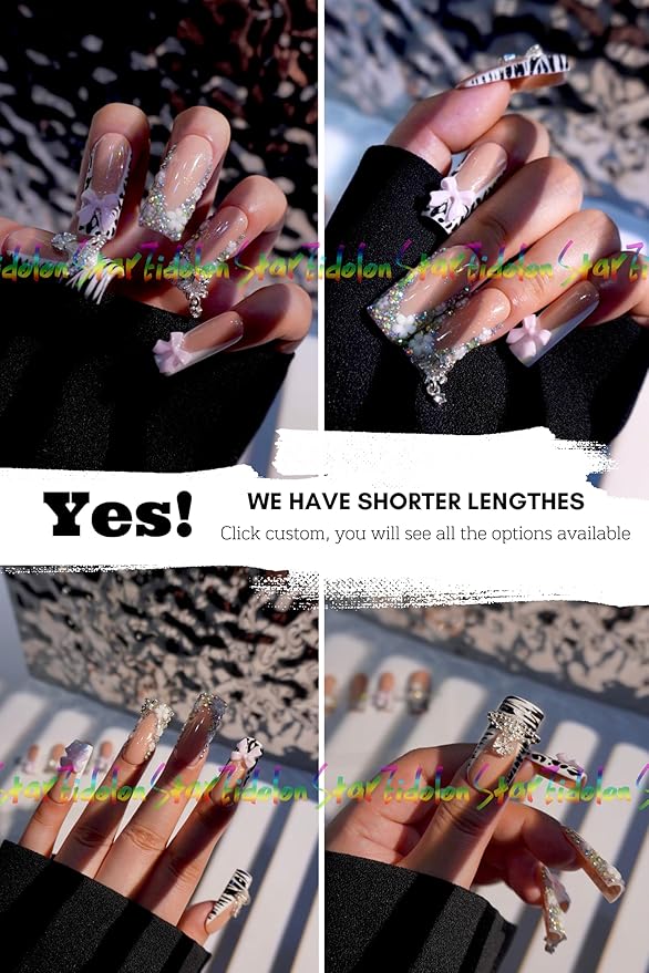 HAND-PAINTED White Press Ons Neon Small Press on Nails Long French Press on Nails Coffin Medium Short Nail art Fake Nail Art Kit with 7g Glue on Nails Handmade Almond Square Nails (TJ-3, X-Small)