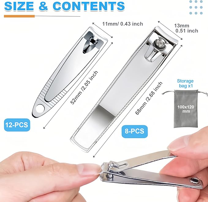 20-Pack Stainless Steel Fingernail & Toenail Nail Clippers Bulk Set - 12 Small + 8 Medium Size with Storage Pouch, Manicure Kit for Men/Women Travel, Gifts, Homeless Care Supplies
