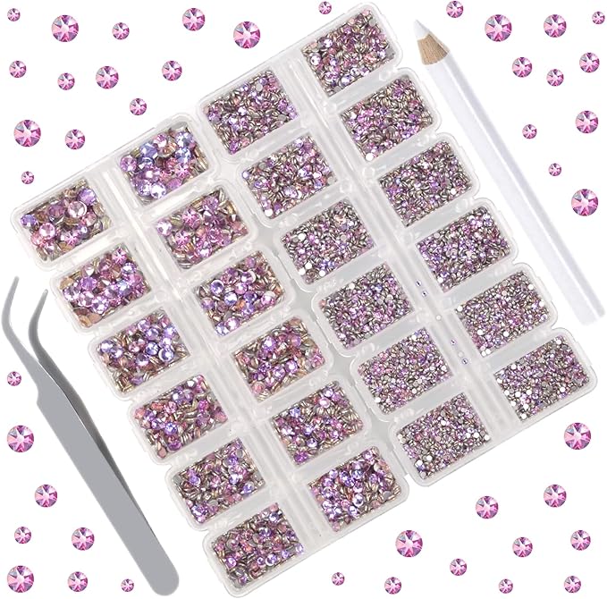 10000 Pieces Rhinestones 6 Sizes Round Crystal Glass Flat Back Rhinestones with 1Tweezers and 1Picking Pen for Nail Art Crafts Clothes Bags DIY (Pink Purple)