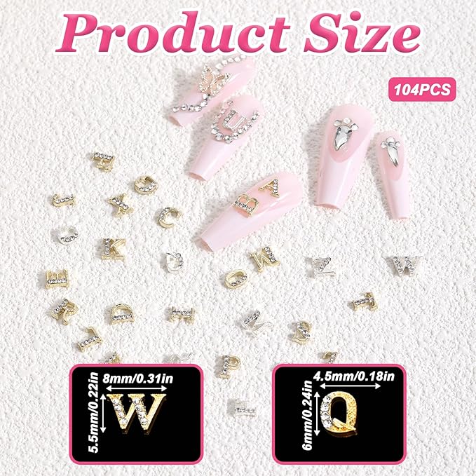 104 Pcs Rhinestone Letters Nail Studs Nail Charms, Letters Nail Rhinestones Decoration Alphabet 3D Nail Charms, Silver Gold Nail Jewels Nail Charms Y2K, Nail Accessories for Nail Art Manicure Supplies