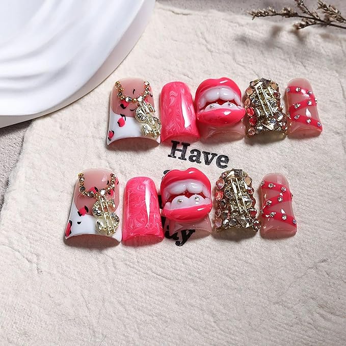 Short Press on Nails Duck Luxury Handmade Fake Nails French Tip False Nails 5D Charms and Rhinestone Design 100% Handmade Rose Pink Full Cover Stick on Nail for Women (Size M)