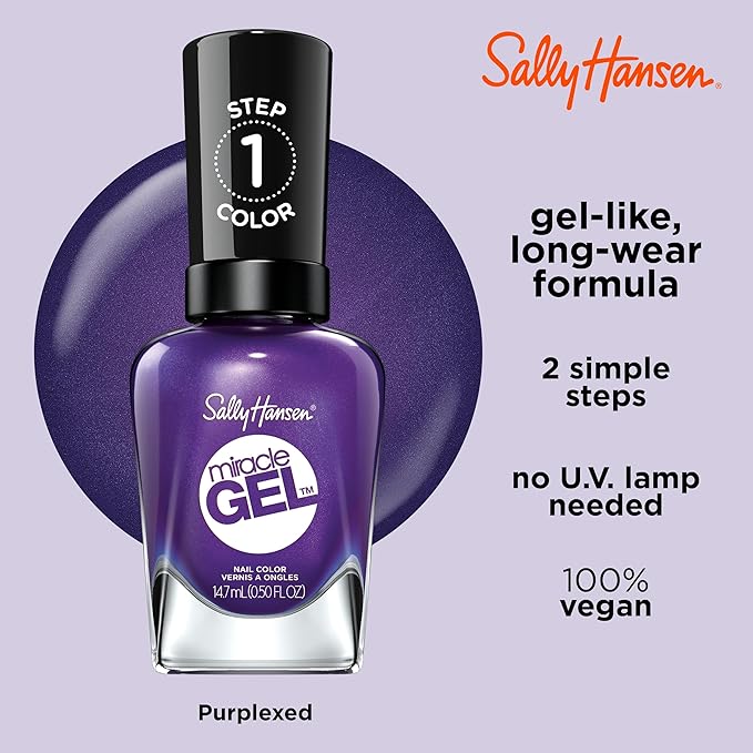 Sally Hansen Miracle Gel Salon Quality Nail Polish | Gel-Like Formula, Two-Step System, No UV Light Needed, Long Lasting | Opaque, Shimmery | 579/570 Purplexed | Vivid Purple Nail Color