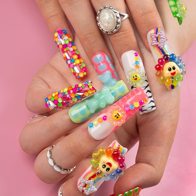 LOVFUL Press on Nails Lovkashi Flower | Handmade with Full Covered Crystals | Reusable Fake Nails | Square Mid length 1.7in | H65-L