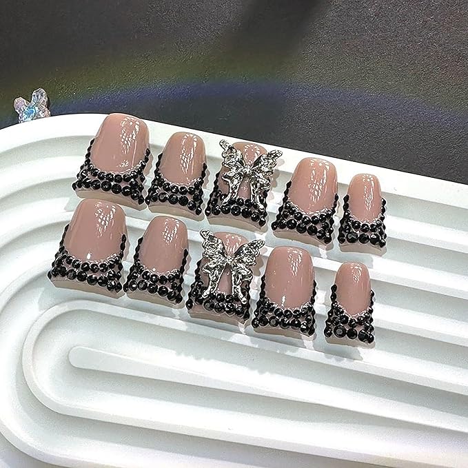 10Pcs Handmade Press on Nails Medium Fake Nails Duck French Tip Nails Press Ons Sparkly Artificial Acrylic Black Rhinestone and Butterfly Design Reusable Stick on Nail for Women (Size M)