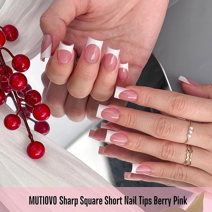 White French Tip Short Straight Square Nail Tips Press on, BERRY PINK Extra Thick NEED Soft Gel Nail Extension, Need Builder gel & Top,Coat Full Cover False Nails, for DIY x 15 Sizes 150 pcs