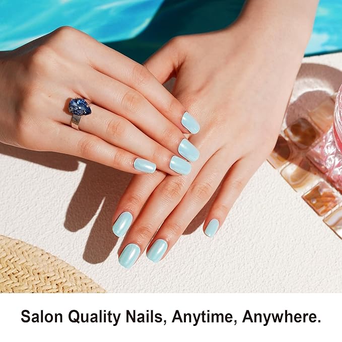 DANNI & TONI Semi Cured Gel Nail Strips Light Turquoise Holographic Soft Mint Blue Gel Nail Wraps 28 Stickers | Lunar Tide