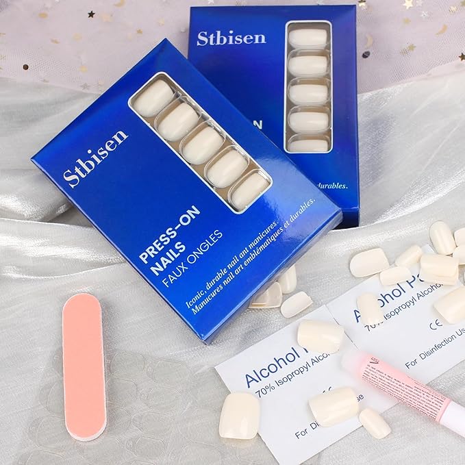 Short Press On Nails Square – 30PCS Glossy Creamy White Shade Fake Nails, Minimalist Acrylic Stick On Nails Kit with Glue & Tools, Natural False Nails for Everyday Wear
