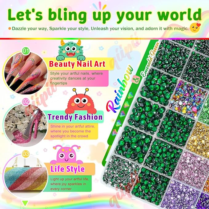 28 Grids Emerald Green 2-6mm Resin Rhinestones w B7000 Glue for Bedazzling Crafting Colorful Flatback Stones Diamonds Crystals Gems Bedazzler Kit for Nails Face Eyes Makeup Tumblers DIY Crafts