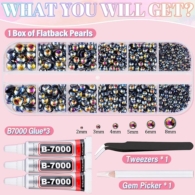 Flatback Pearls for Crafting with 3Pcs 10ml B7000 Jewelry Glue, 1 Box of Half Round Black AB Pearls, Bedazzling Beads for DIY Crafts Clothing Tumblers Shoes Embellishment Nail Art