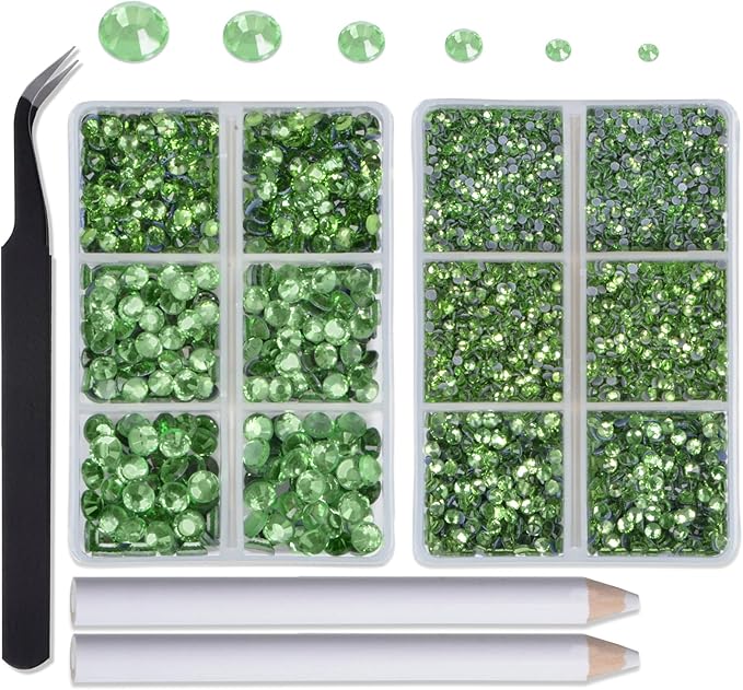 8000pcs Hotfix Rhinestones Flatback,Rhinestones for Crafts Clothes Mixed 6 Sizes, Hotfix Crystals with Wax Pencil Kit, SS4-SS30,Peridot