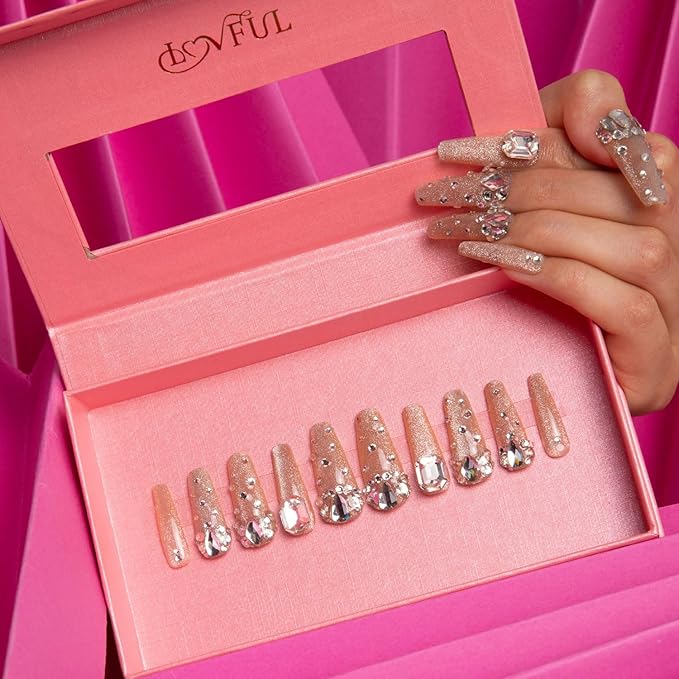 LOVFUL Press on Nails Shine Bright Like a Diamond | Handmade with Full Covered Crystals | Reusable Full Cover Nails | Coffin Classic Regular 1.3 in | H06-L