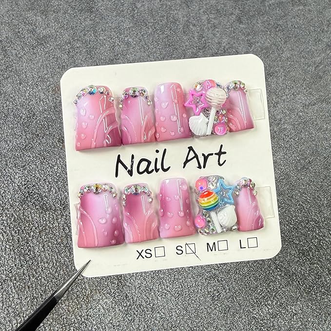 Handmade Press on Nails Medium Duck Fake Nails Acrylic with 3D Rhinestones Lollipop Shell Designs False Nails with Glue,Pink Gradient Acrylic Stick on Nail for Women 10 Pcs (Size M）