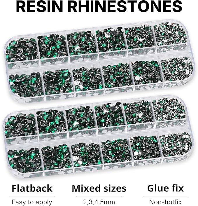 11000Pcs Emerald Green 2/3/4/5mm Flatback Rhinestones with Glue for Bedazzling Crafting Clothing Clothes Crafts Shoes Nail Art, Dark Green Resin Flat Back Gems Crystals Diamonds Gemstones Jewels Kit