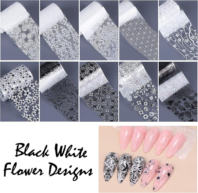 Lace Flower Nail Foil Transfer Sheets 20 Rolls Black White Lace Florals Nail Art Foils Elegant Valentines Sticker Nail Designs Lace Starry Sky Adhesive Valentine Foils Manicure Decoration for Women
