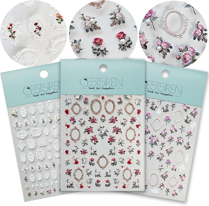 Rose Flower Frame Nail Art Stickers Pearl Rhinestones Embossed Vintage Nail Decals for Nail Art Design Self-Adhesive Nail Accessories for Women Nail Art Supplies 3 Sheets