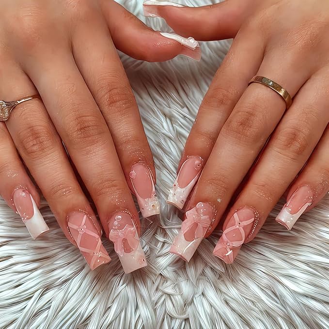 Press-on Nails,Long Rhinestone Pink False Nails, Square Glitter 3D Flower Fake Nails, Bowknot Artificial Nails The Noble Temperament of Women Girls' Fake Nails - 24 pieces (with Free Tool Kit)