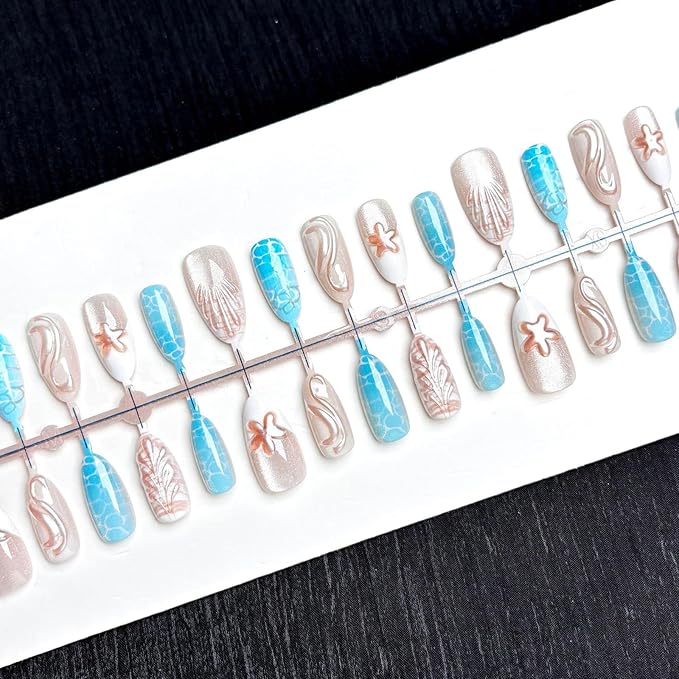 30Pcs Handmade Press on Nails Medium Almond Fake Nails 3D Gold Beads Stick on Nail French Tip Ocean False Nails with Shell Water Ripples Designs Reusable Full Cover Acrylic Nail for Women