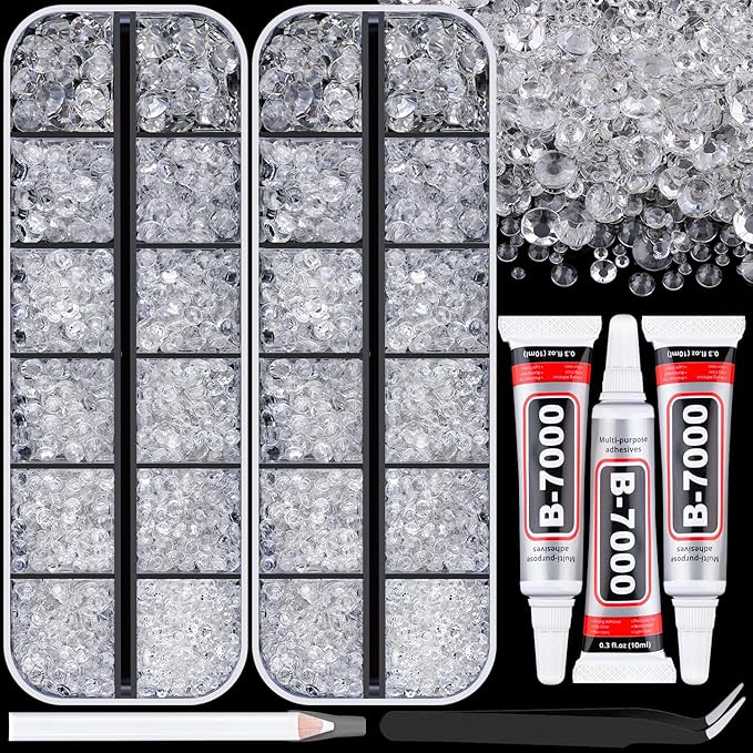 12000Pcs Resin Rhinestones for Bedazzling with 3Pcs B7000 Jewelry Glue, 2 Boxes Transparent Flatback Rhinestones for Crafting Crafts DIY, Crystals Gems for Clothing Shoes Tumblers Nail Art Makeup